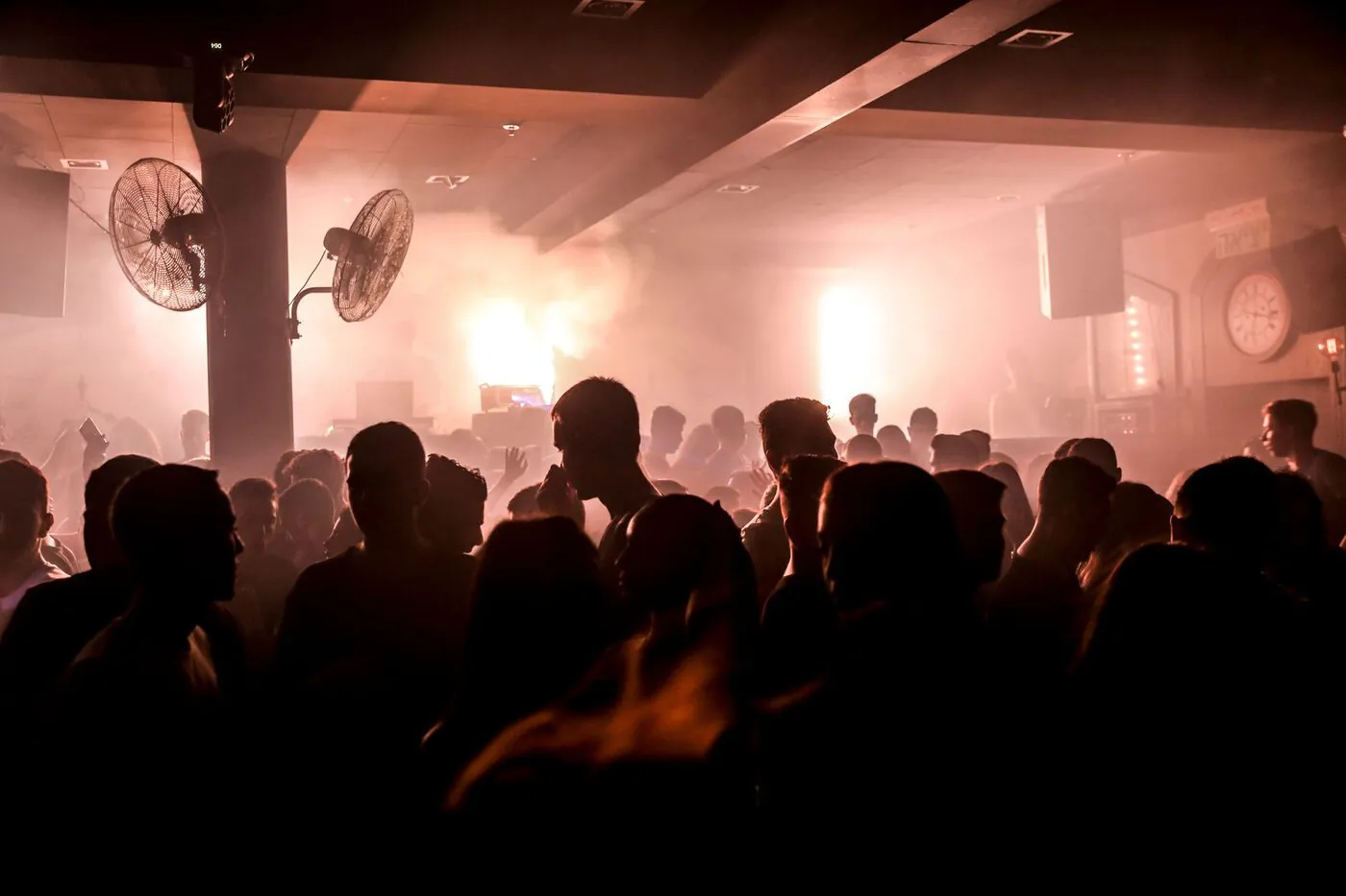 A silhouetted crowd dancing in a smoky nightclub.